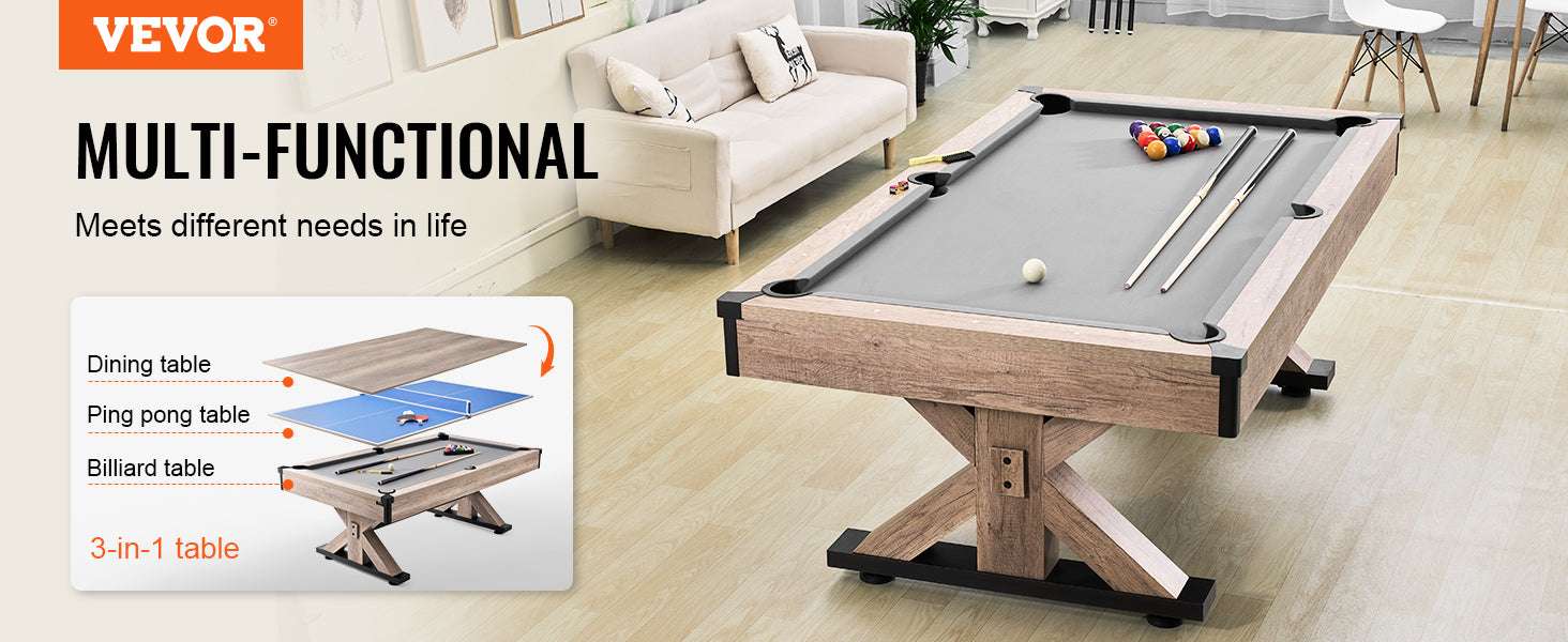 7ft 3-in-1 Pool Table with Dining Top & Table Tennis Set-WoodColor / United States