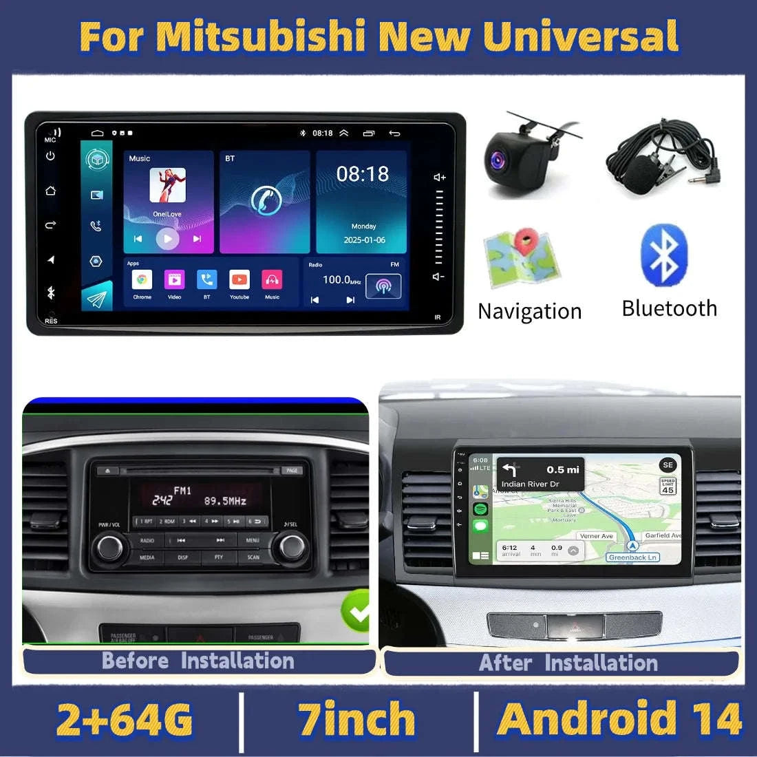 7inch Android Car Stereo with 2GB RAM, 64GB ROM and GPS Navi-United States