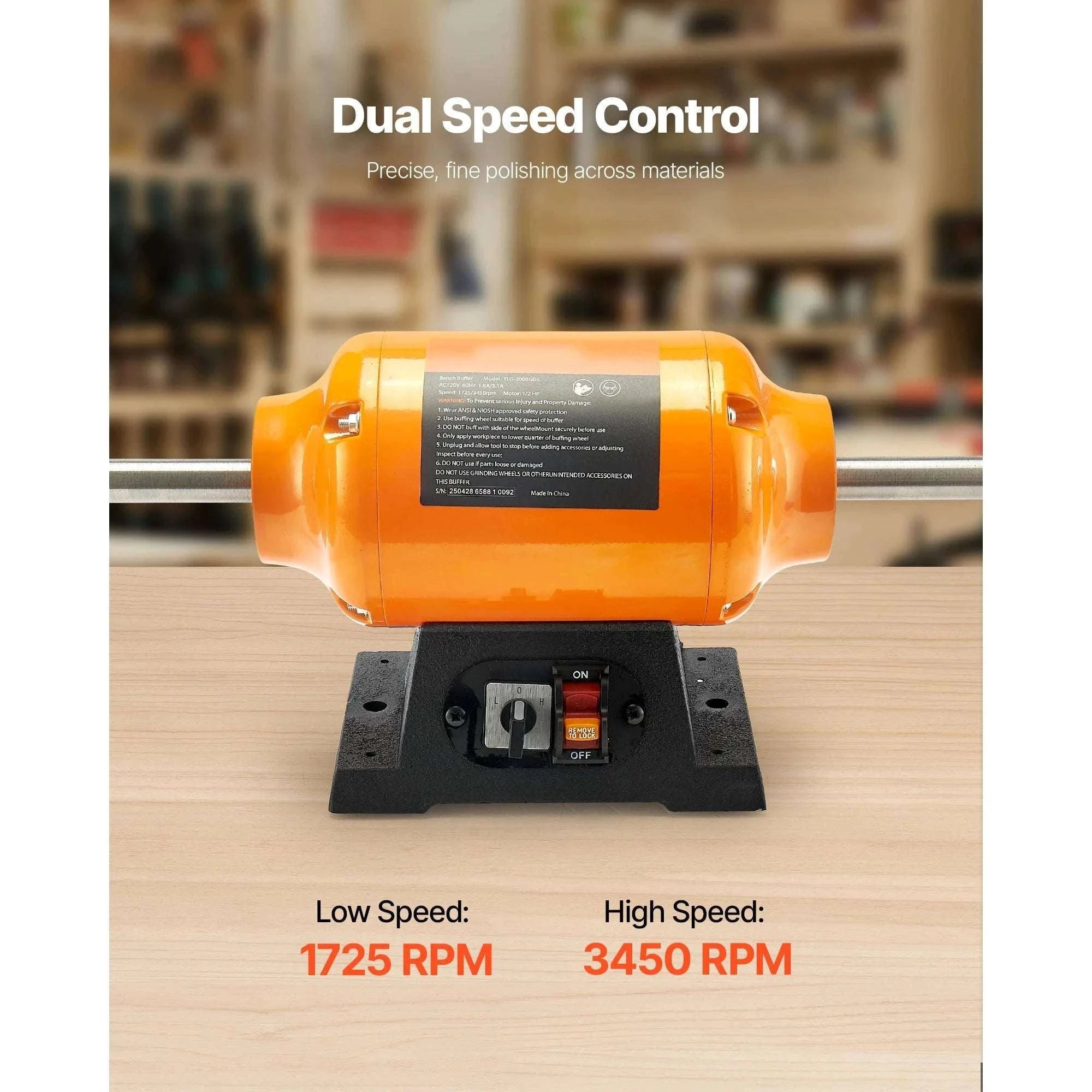 8" Bench Buffer Polisher 1/2HP Dual Speed 1725/3450RPM with Wheels-8inch 110V / United States