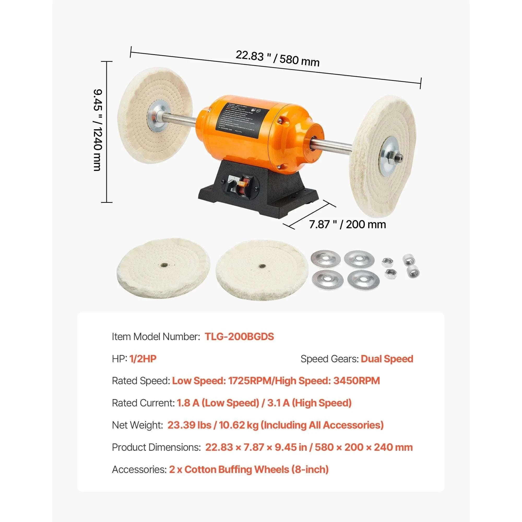 8" Bench Buffer Polisher 1/2HP Dual Speed 1725/3450RPM with Wheels-8inch 110V / United States