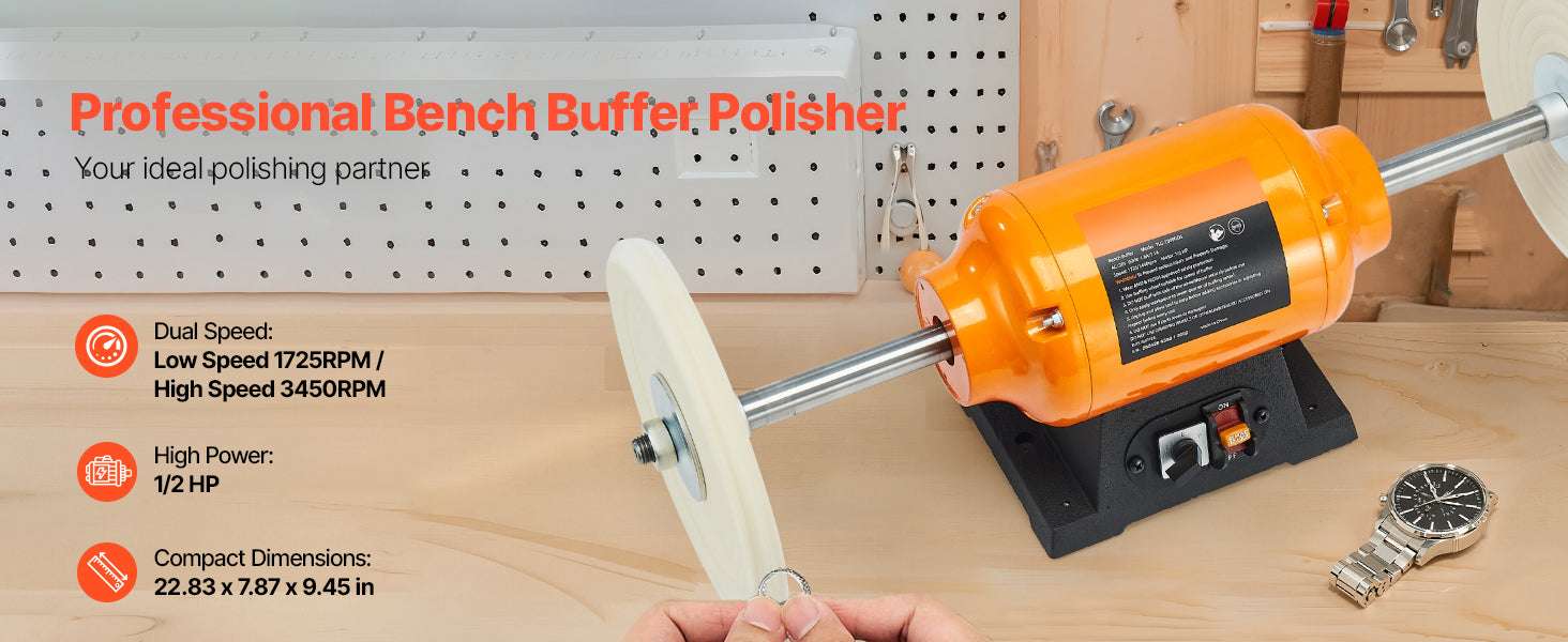 8" Bench Buffer Polisher 1/2HP Dual Speed 1725/3450RPM with Wheels-8inch 110V / United States