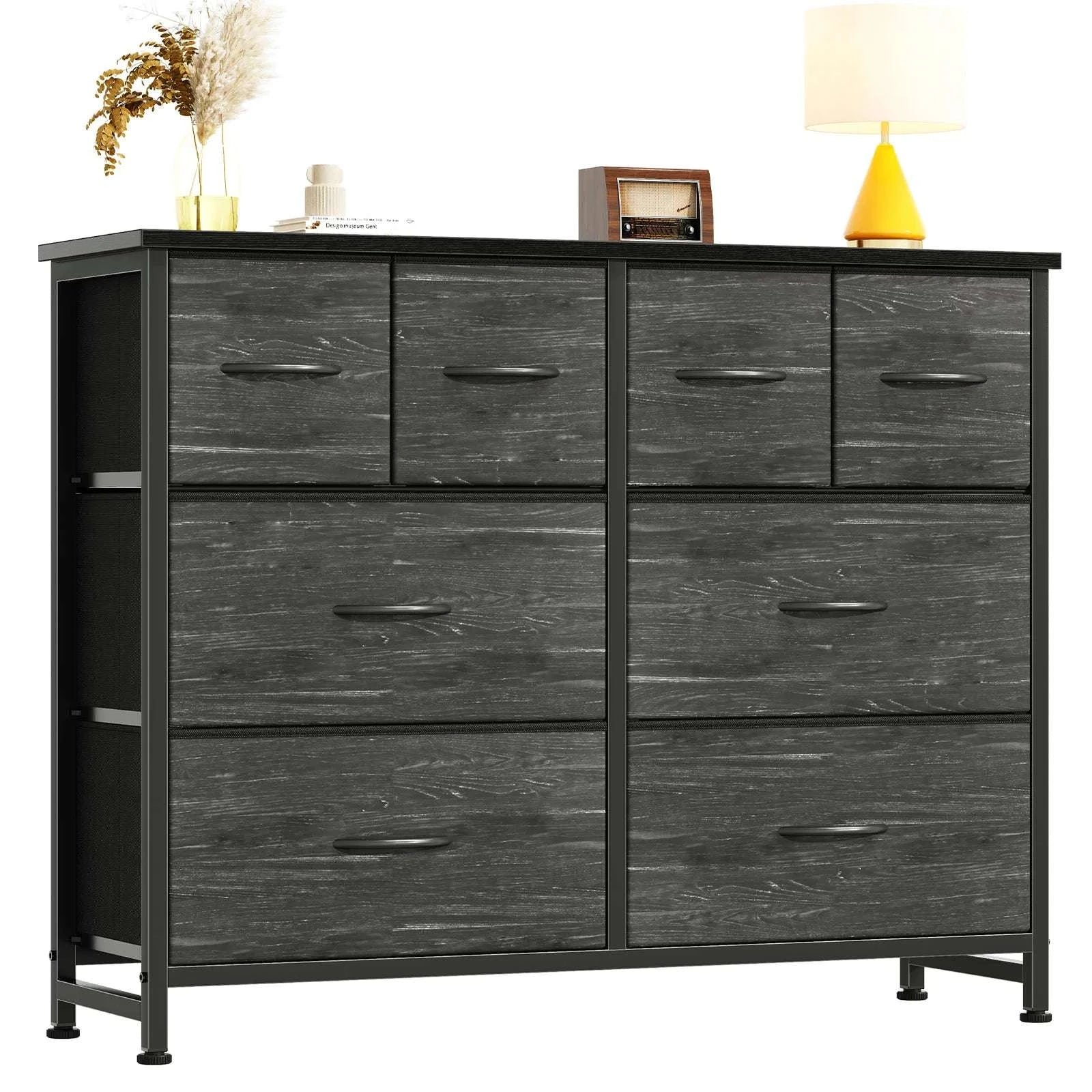 8 Drawer Fabric Dresser TV Stand with Wood Top & Metal Frame-Black Wood / United States