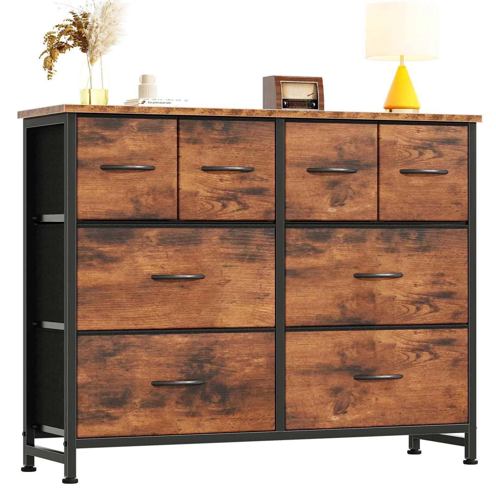 8 Drawer Fabric Dresser TV Stand with Wood Top & Metal Frame-Black Wood / United States