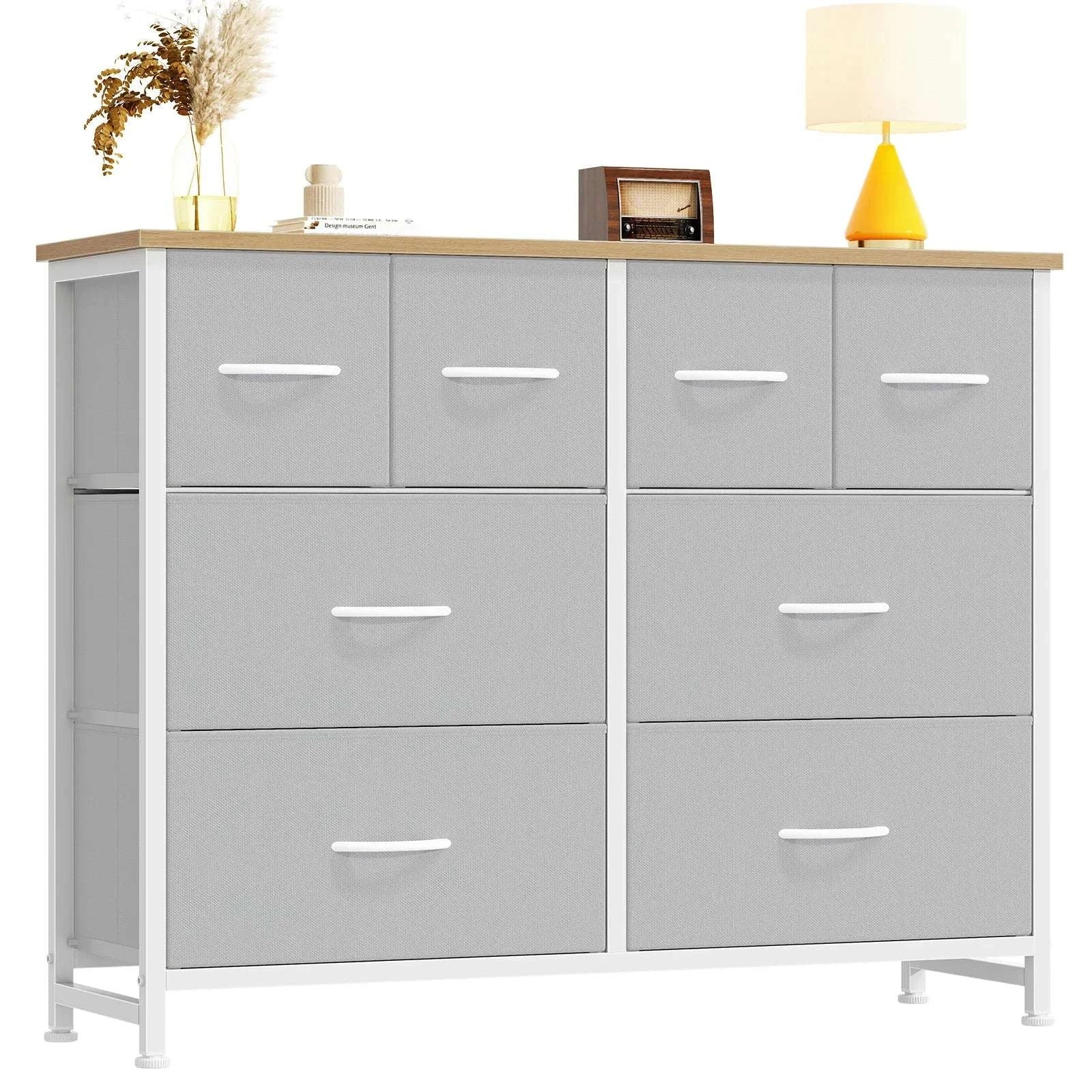 8 Drawer Fabric Dresser TV Stand with Wood Top & Metal Frame-Black Wood / United States