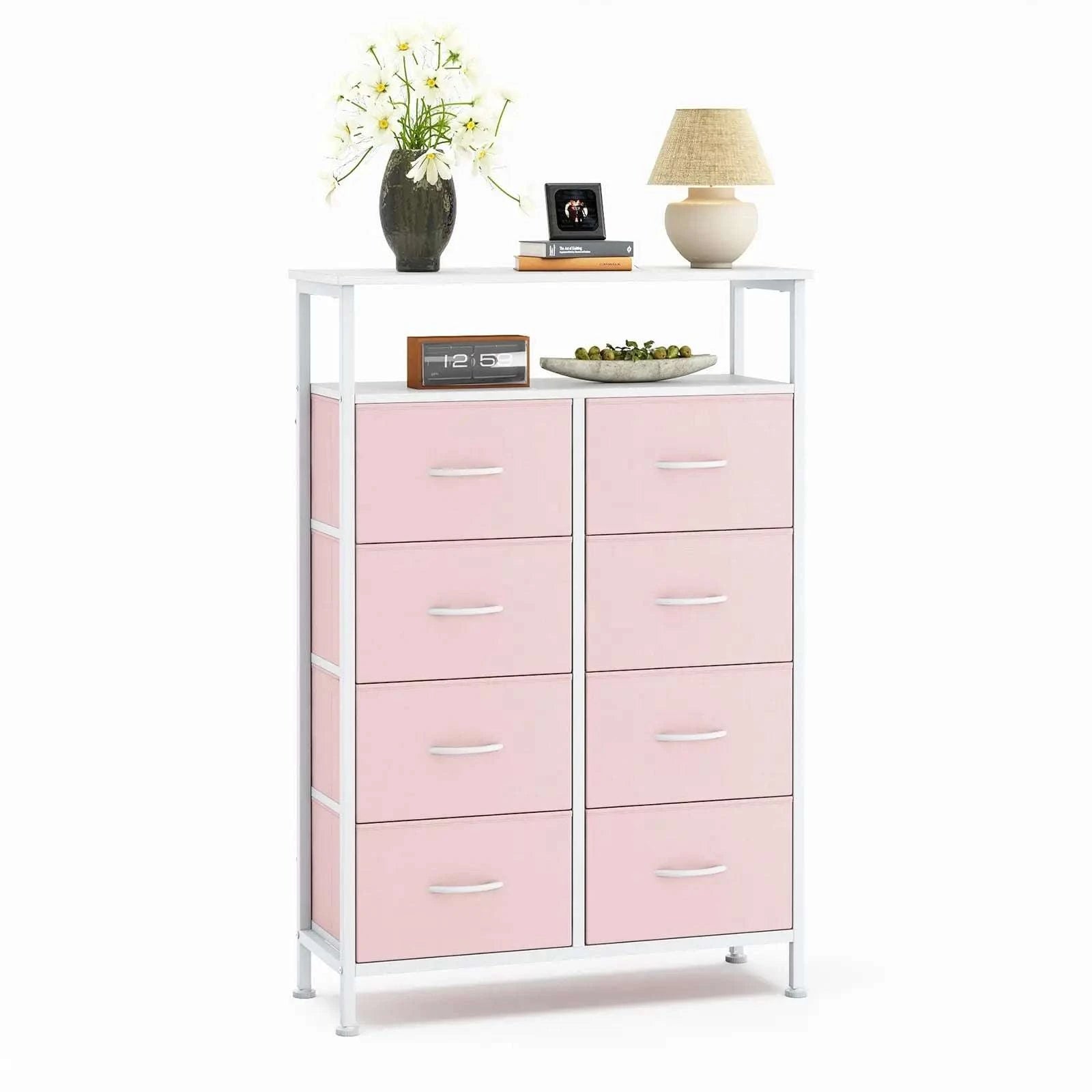 8 Drawer TV Stand with Wooden Top and Storage Cabinet-Pink / United States