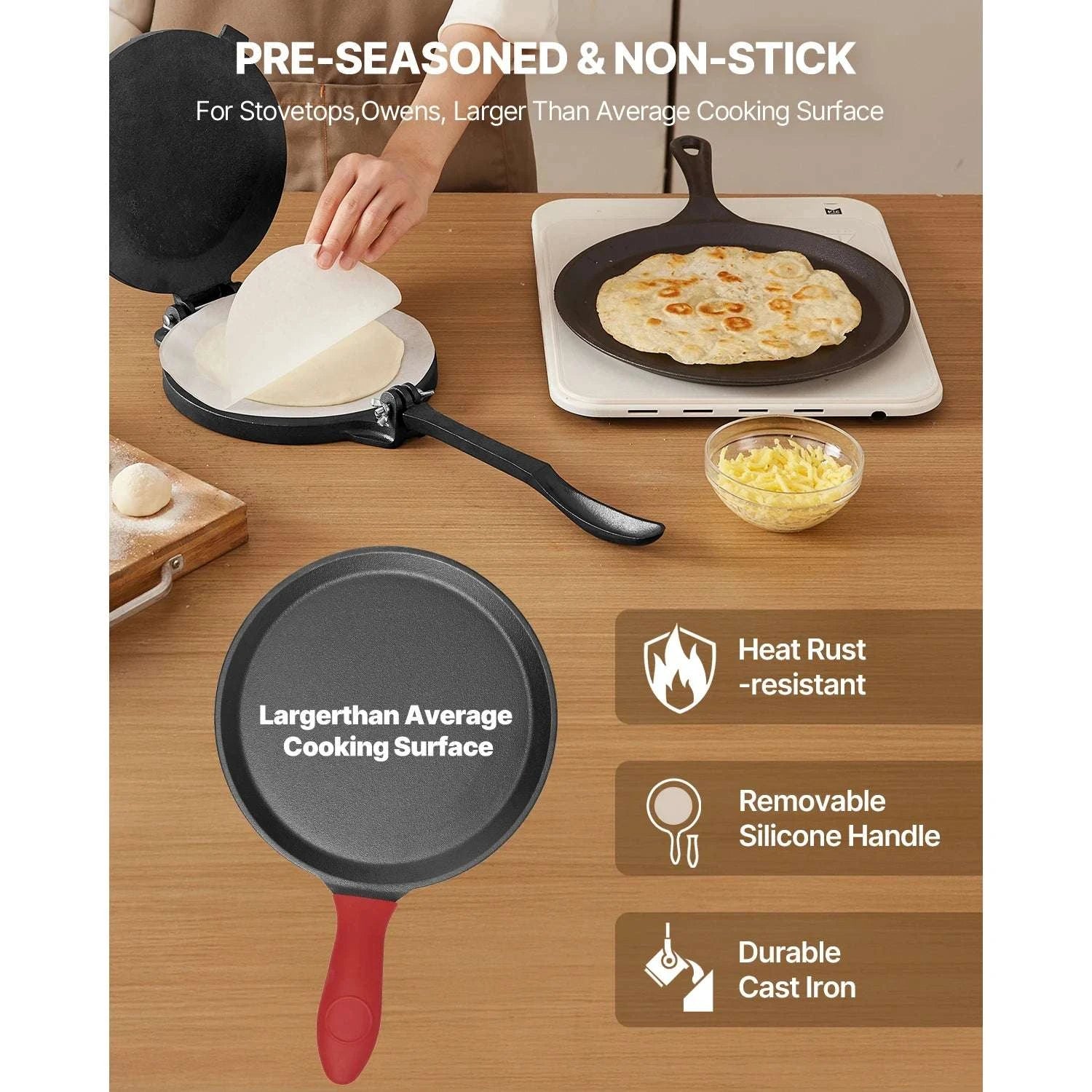 8-Inch Cast Iron Tortilla Press with 10.5" Pan & Easy Handle-8inch / United States