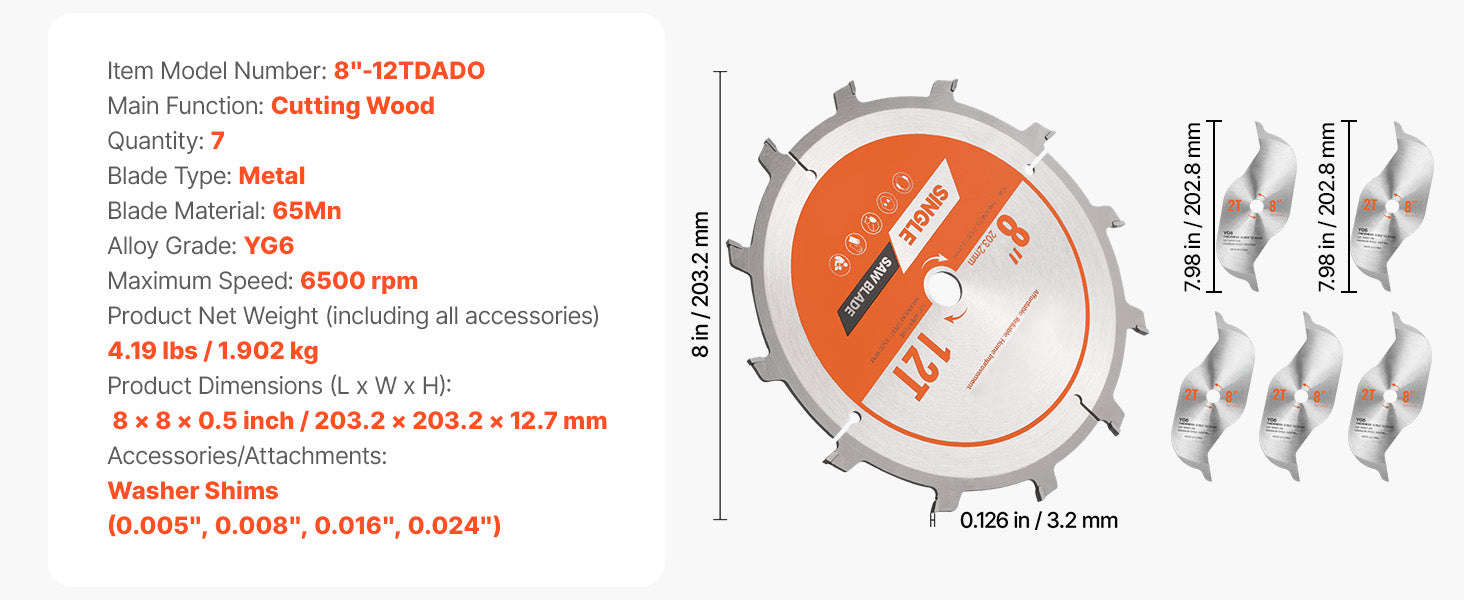 8 Inch Dado Blade Set with Chippers and Shims-8inch / United States