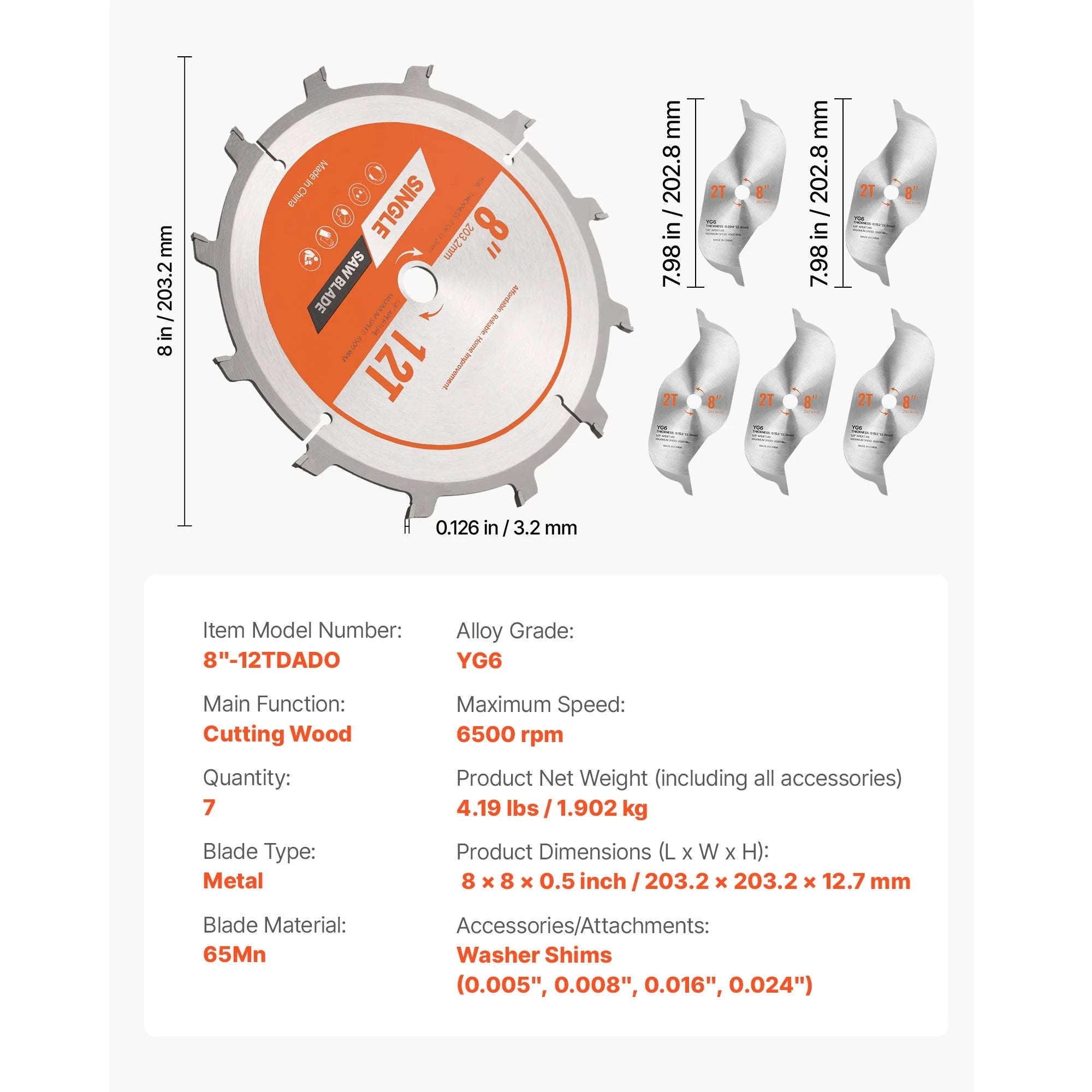 8 Inch Dado Blade Set with Chippers and Shims-8inch / United States