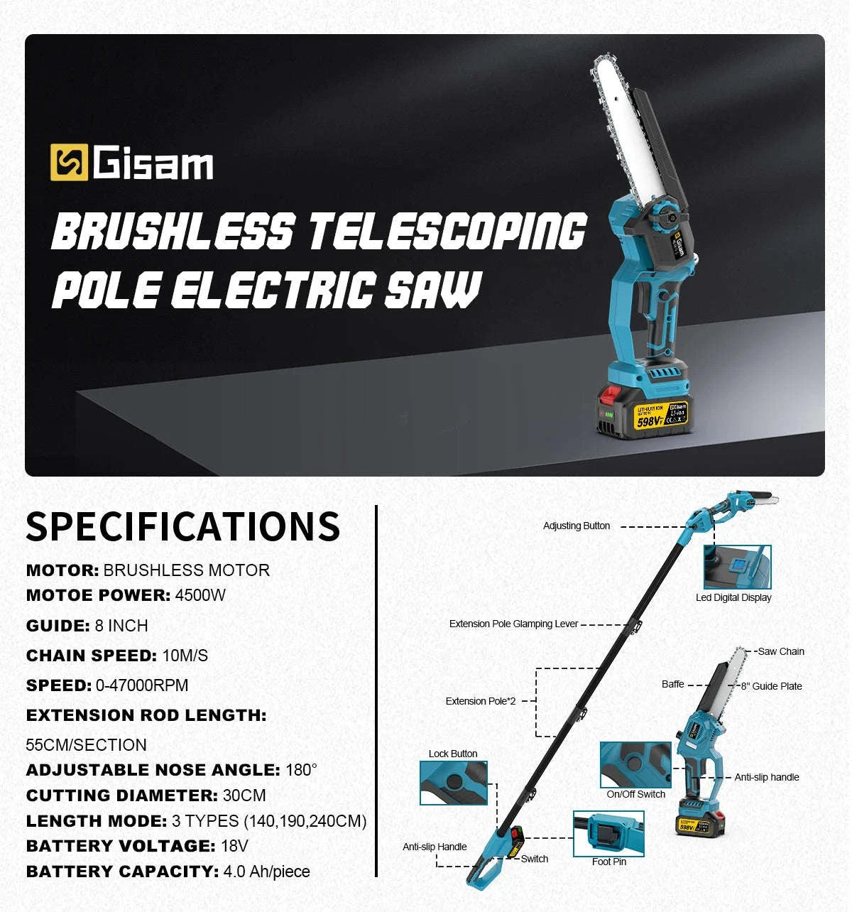 8 Inch Telescoping Pole Electric Chainsaw-1 Battery / Brazil