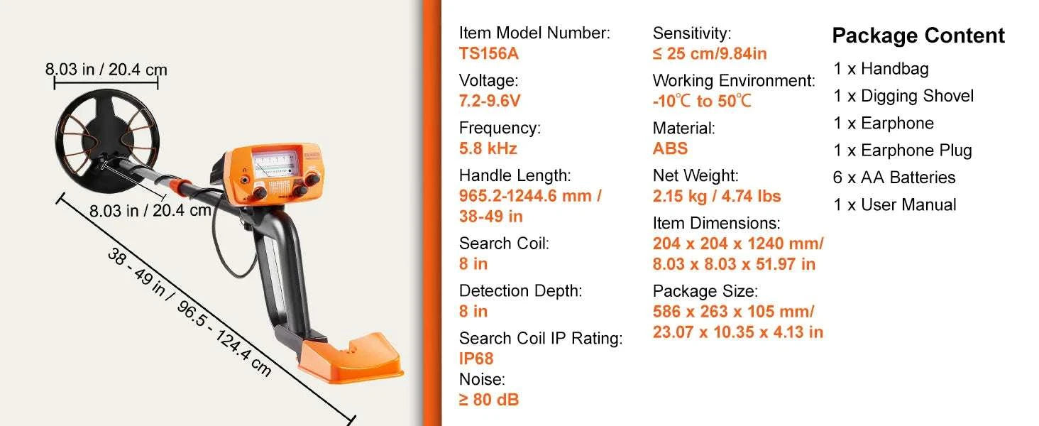 8-Inch Waterproof Metal Detector with Adjustable Shaft for Adults-Orange / CZECH REPUBLIC