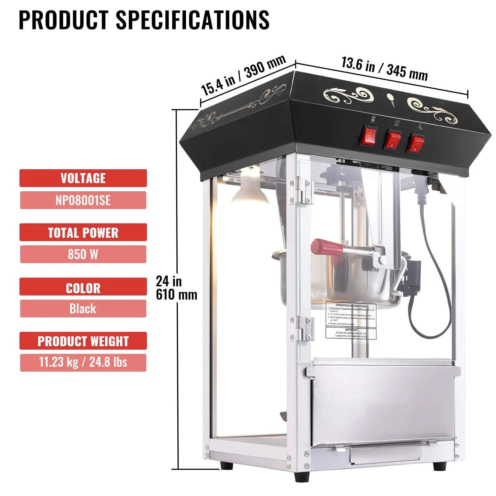 8 Oz Countertop Popcorn Maker Machine-Black / CZECH REPUBLIC