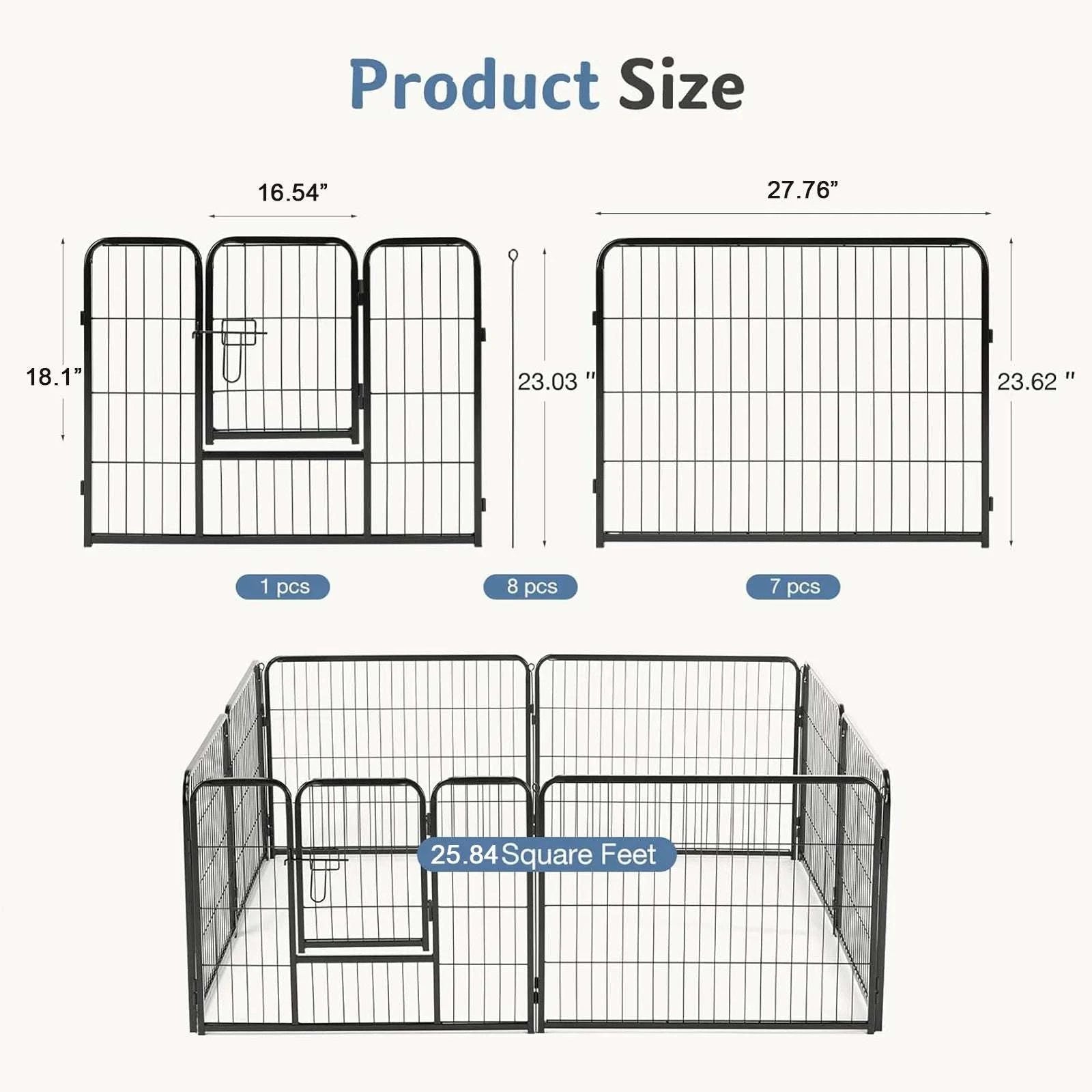 8-Panel Metal Dog Playpen Foldable Pet Fence with Door-24 Inch / United States
