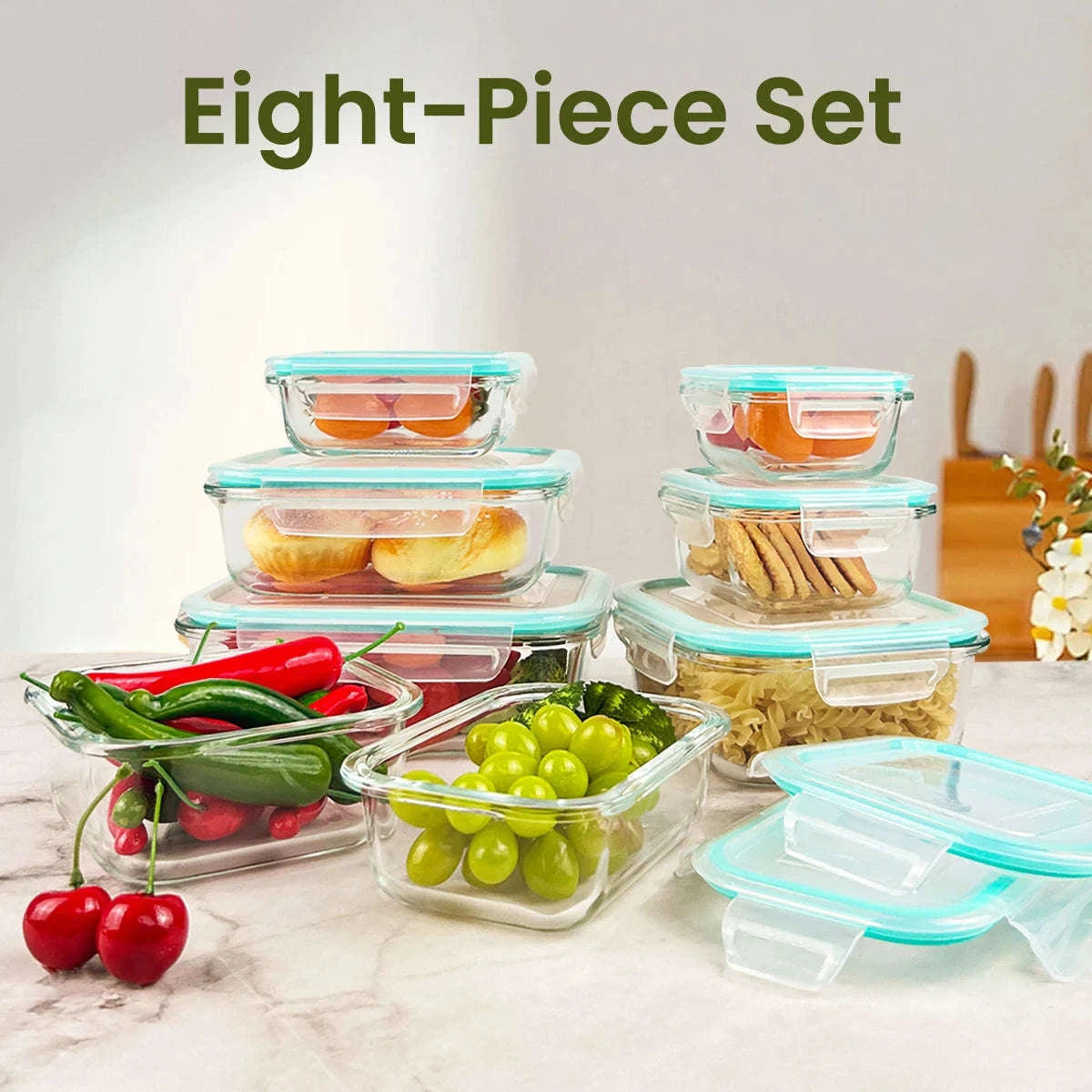 8-Piece Glass Food Storage Containers Set Leakproof Airtight Stackable-Green / United States