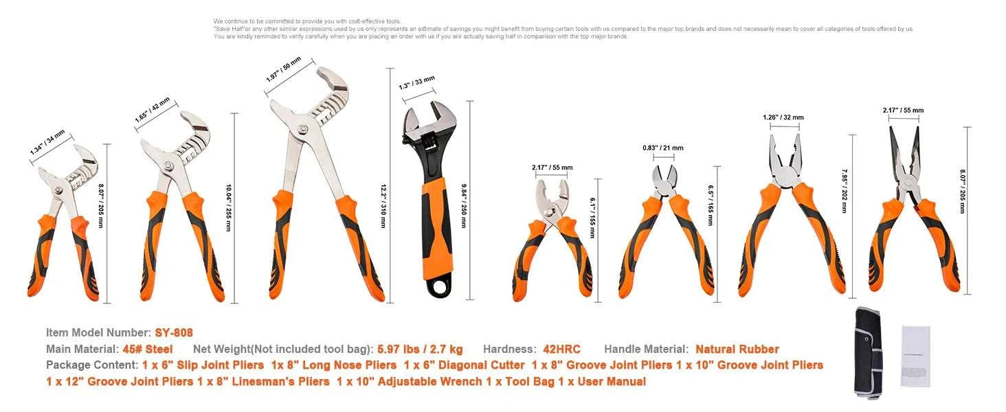 8-Piece High Carbon Steel Pliers Set with Adjustable Grip Tools-United States