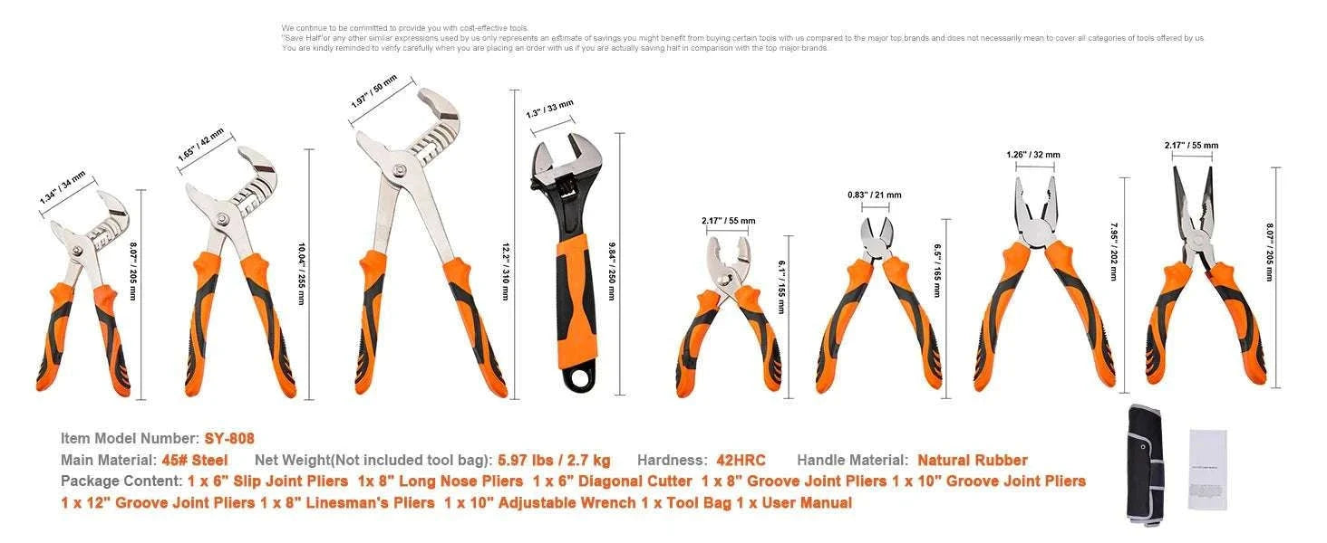 8-Piece Pliers Set with Adjustable Wrench Heavy-Duty Steel Tools Kit-6 to 12 inch 8 sets / United States