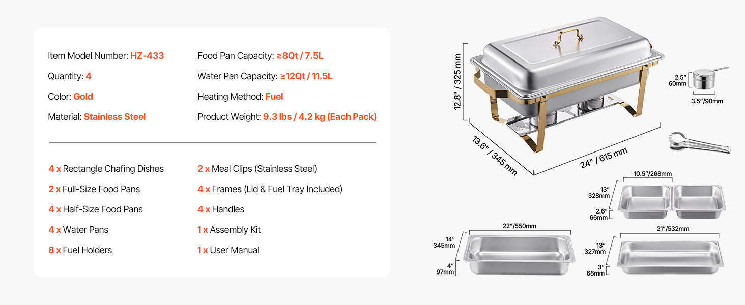 8 Qt 4 Pack Stainless Steel Chafing Dish Buffet Set with Full and Half Size Pans-Silvery 4pcs / Germany