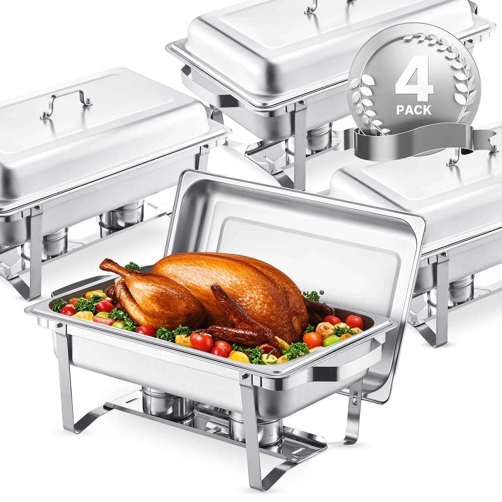 8 Qt 4 Pack Stainless Steel Chafing Dish Buffet Set with Full and Half Size Pans-Silvery 4pcs / Germany