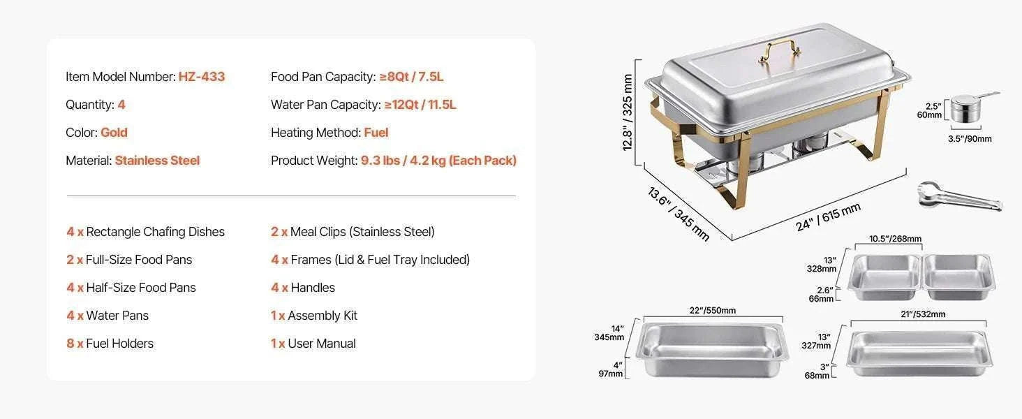 8 Qt Chafing Dish Buffet Set with 6 Pans for Catering & Events-Gold 4pcs / UNITED KINGDOM