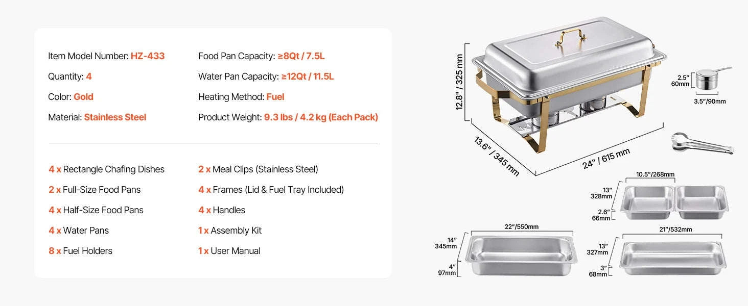 8 Qt Rectangle Chafing Dish Buffet Warmer Set-2 Packs / United States
