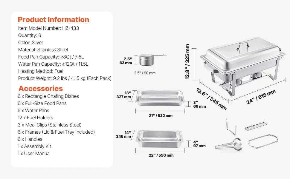 8 Qt Rectangle Chafing Dish Buffet Warmer Set-2 Packs / United States