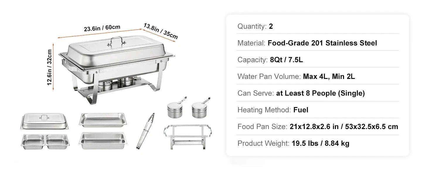 8 Qt Rectangle Chafing Dish Buffet Warmer Set-2 Packs / United States