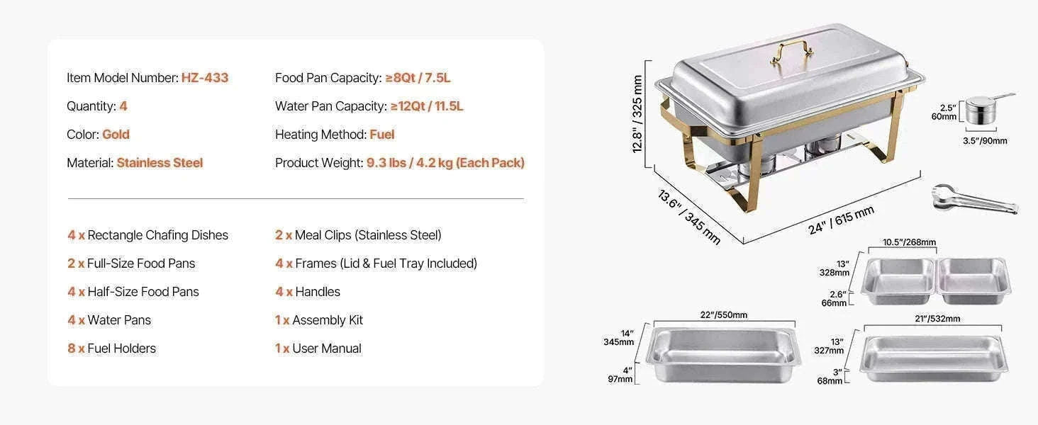 8 Qt Rectangle Chafing Dish Buffet Warmer Set-2 Packs / United States