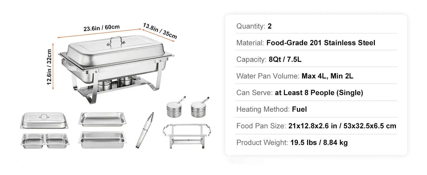 8 Qt Rectangle Chafing Dish Buffet Warmer Set-2 Packs / United States