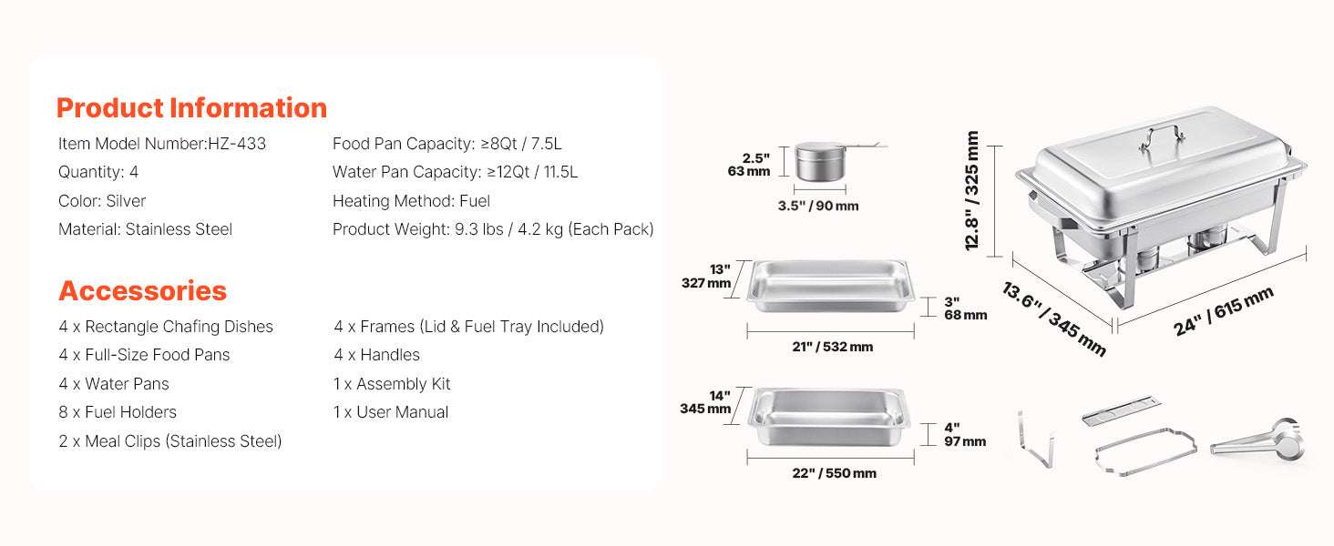 8 Qt Stainless Steel Chafing Dish Buffet Set with Lid (4/6 Pack)-6 packs / CZECH REPUBLIC