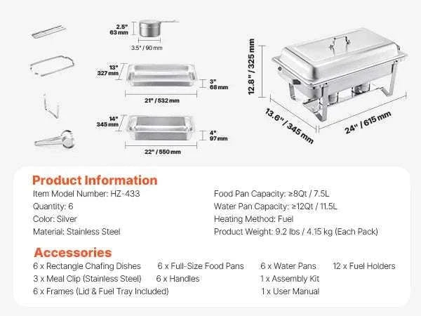 8 Qt Stainless Steel Chafing Dish Buffet Set with Lid (4/6 Pack)-6 packs / CZECH REPUBLIC