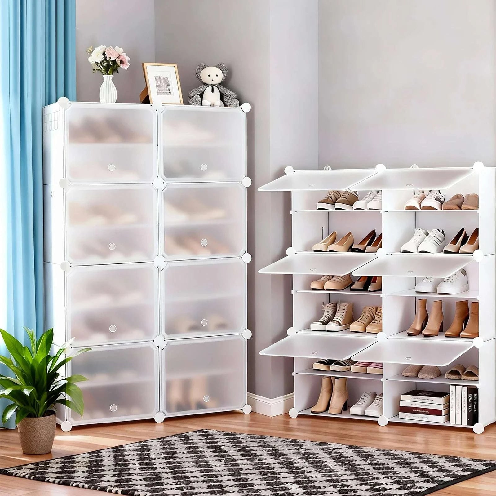 8-Tier Shoe Storage Cabinet with Doors Space-Saving Organizer-White / United States