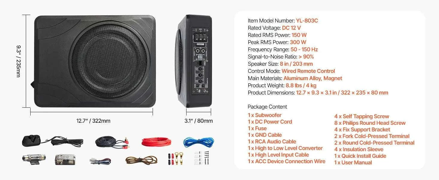 8" Underseat Car Subwoofer with Built-In Amp 240W Peak Power-120W / france