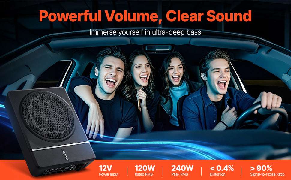 8" Underseat Car Subwoofer with Built-In Amp 240W Peak Power-120W / france