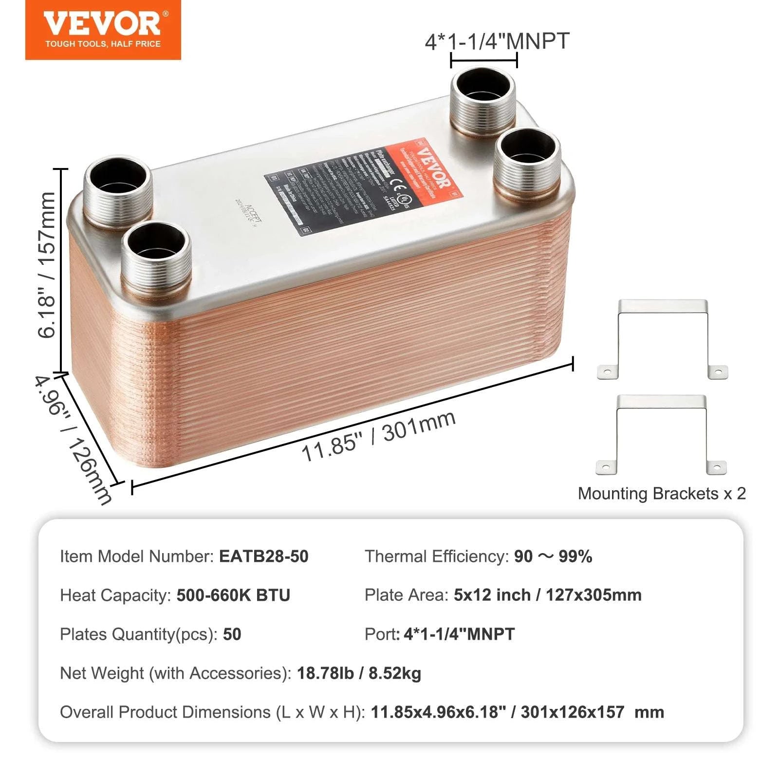 80 Plate Brazed Plate Heat Exchanger 5x12 Stainless Steel Unit-5x12in 80pcs / france