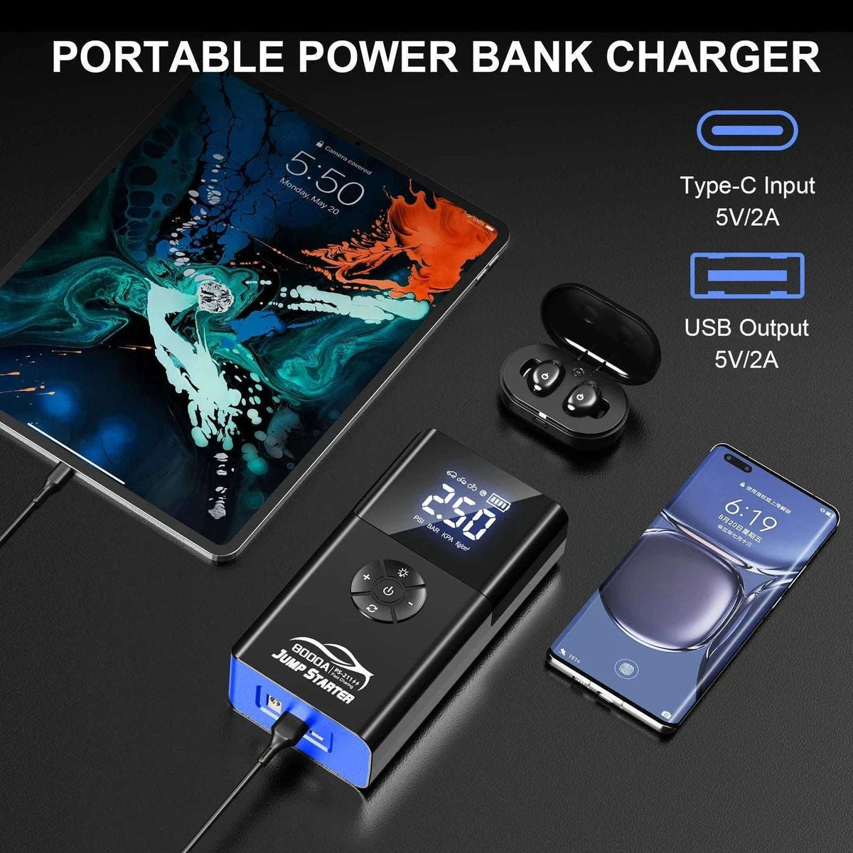 8000A Car Jump Starter with Air Compressor & Portable Power Bank-8000A Ordinary Clip / China Mainland