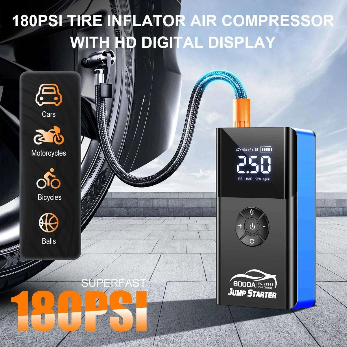 8000A Car Jump Starter with Air Compressor & Portable Power Bank-8000A Ordinary Clip / China Mainland