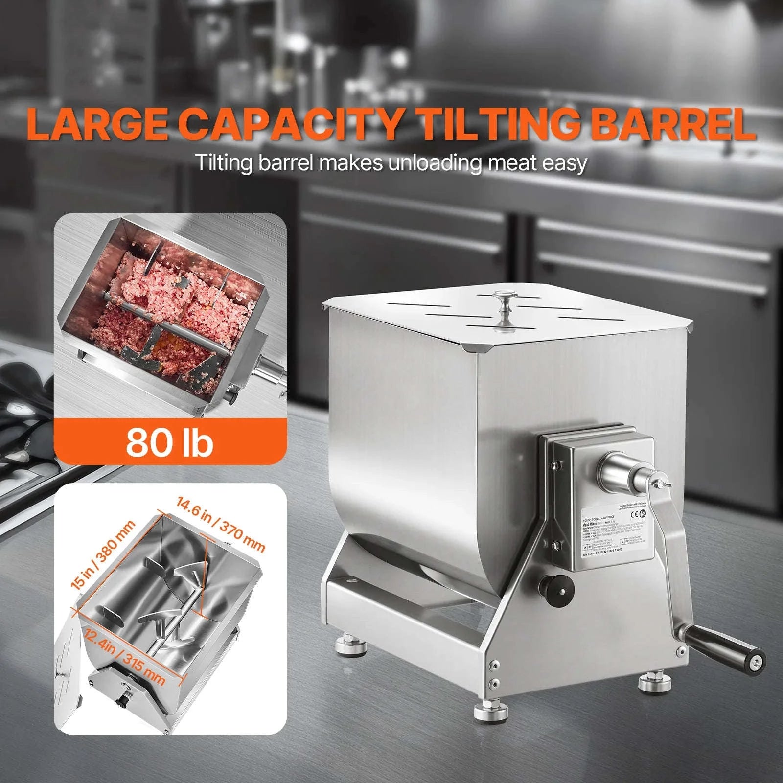 80L Manual Meat Mixer with Tilt Tank and Lid-40L / United States