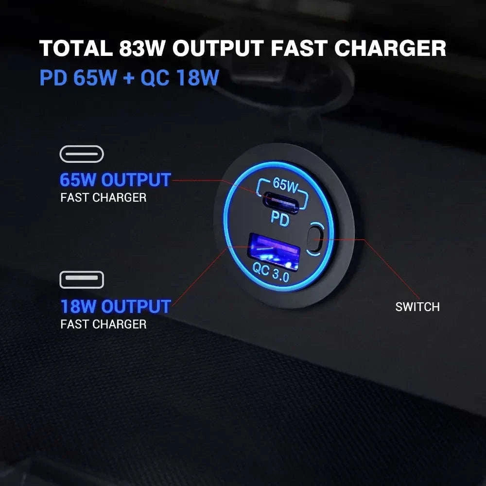 83W 12V Car Charger Socket with 65W USB-C PD and Switch-black