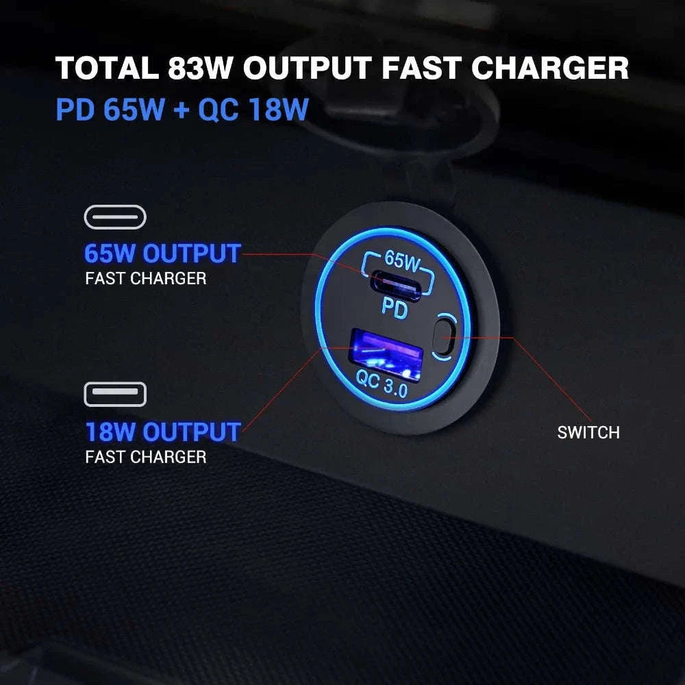 83W 12V Car Charger Socket with 65W USB-C PD and Switch-black