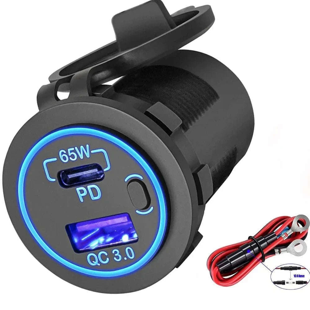 83W 12V Car Charger Socket with 65W USB-C PD and Switch-black