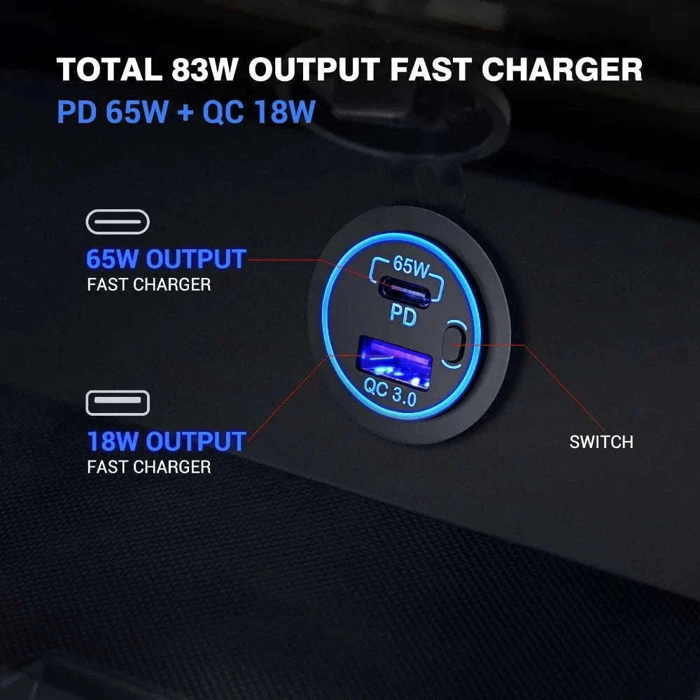 83W 12V Car Charger Socket with 65W USB-C PD and Switch-black
