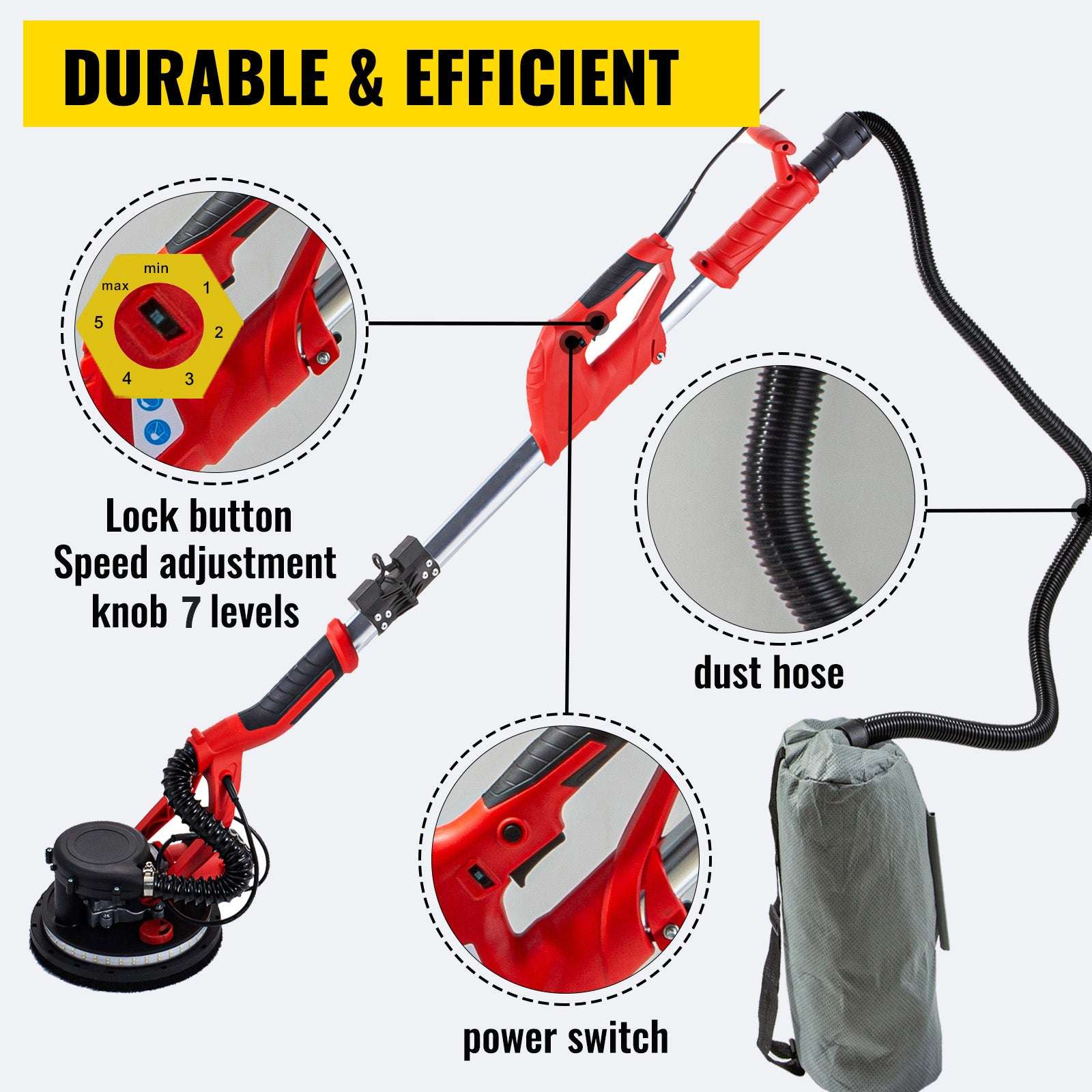 850W Drywall Sander with Variable Speed, LED Light & Extendable Handle-United States