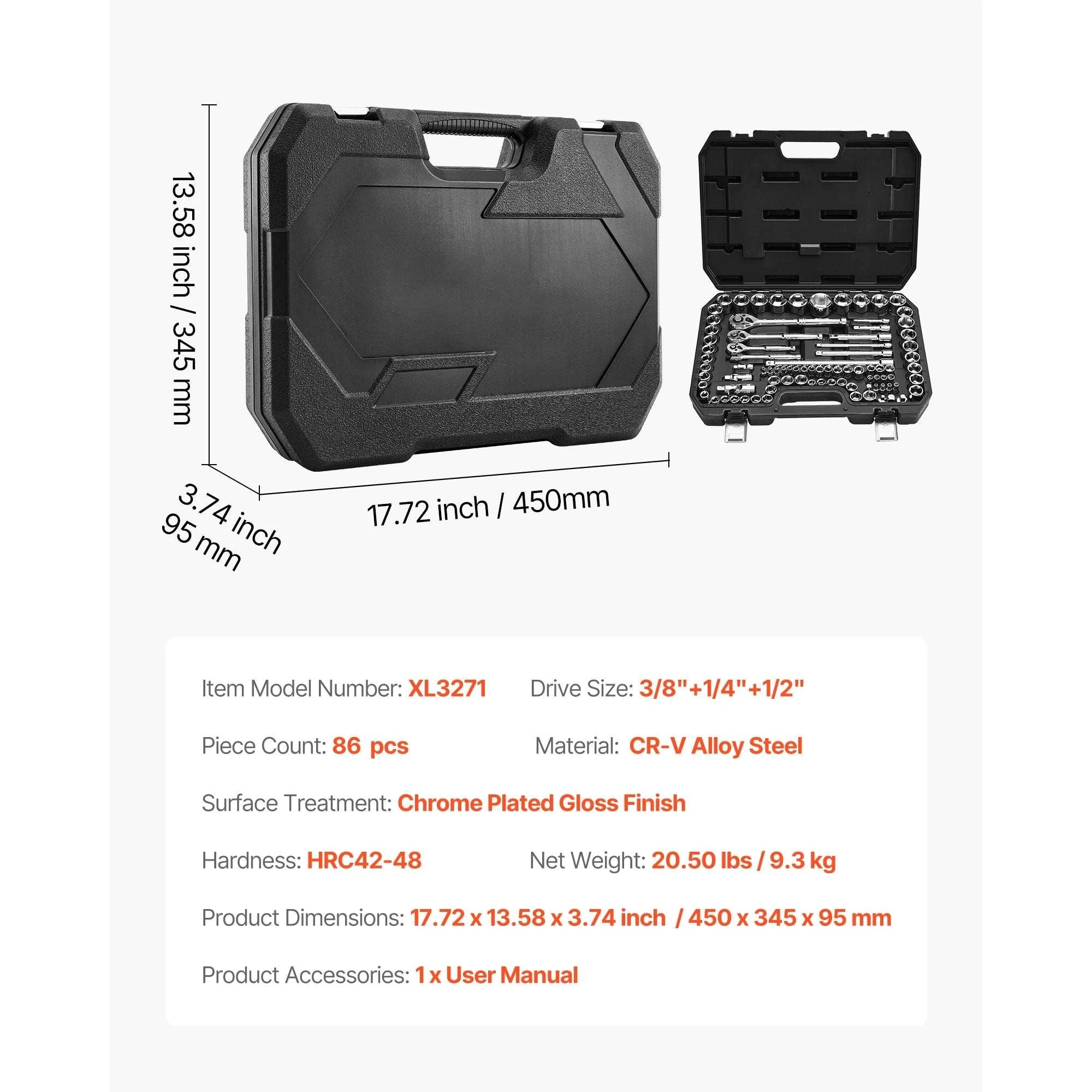 86-Piece Socket and Ratchet Set SAE & Metric Tool Kit-39PCs / United States
