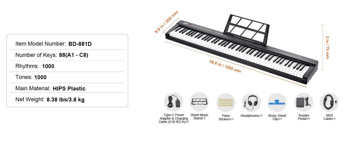88-Key Digital Piano Keyboard with Stand, 1000 Tones & Bluetooth-Without Stand / spain