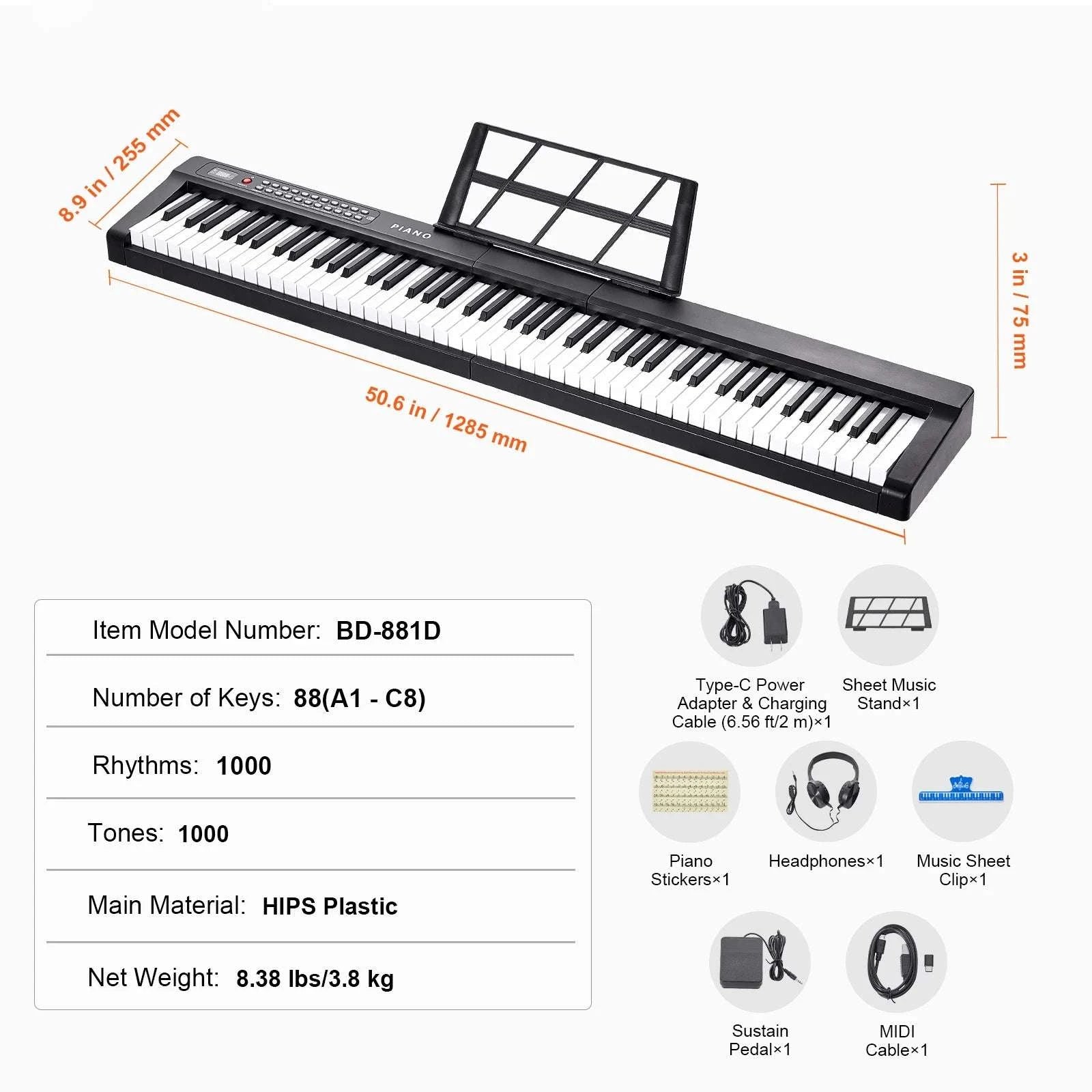 88-Key Digital Piano Keyboard with Stand, 1000 Tones & Bluetooth-Without Stand / spain