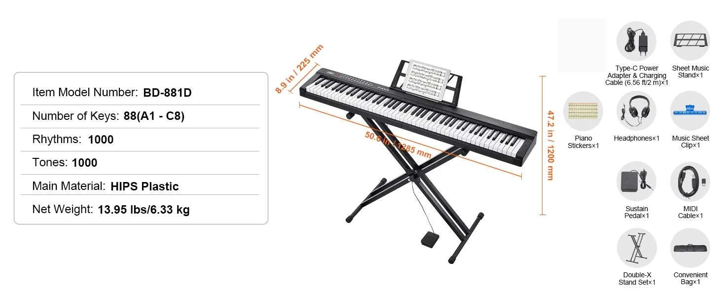 88-Key Digital Piano Keyboard with Stand, 1000 Tones & Bluetooth-Without Stand / spain