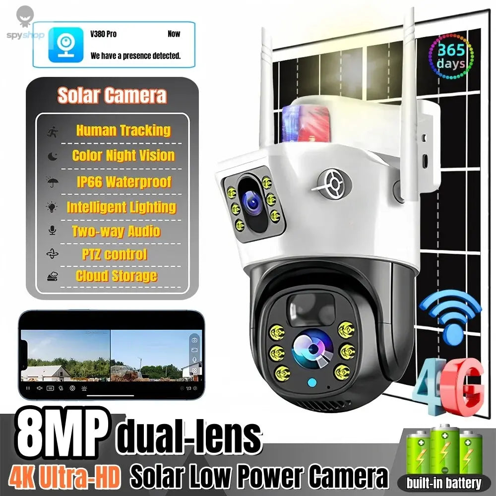 8MP Solar 4G SIM Card Wifi Outdoor IP Wireless Security CCTV HD Surveillance PTZ Camera Night Vision PIR Human Detection V380PRO Spy-shop.com