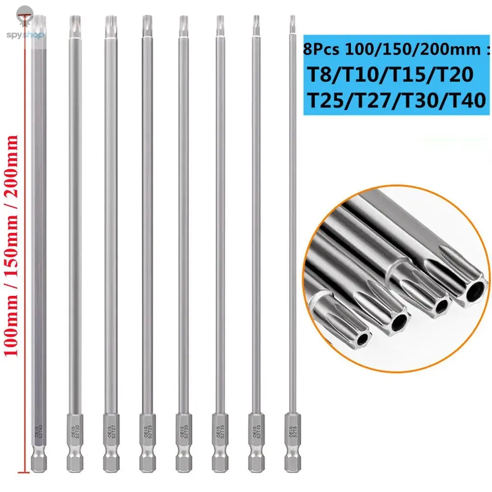 8Pcs Torx Screwdriver Bit 1/4'' Shank Hex Wind Drill Head 150mm 200mm Screw Wrench Magnetic Star T8 T10 T15 T20 T25 T27 T30 T40 