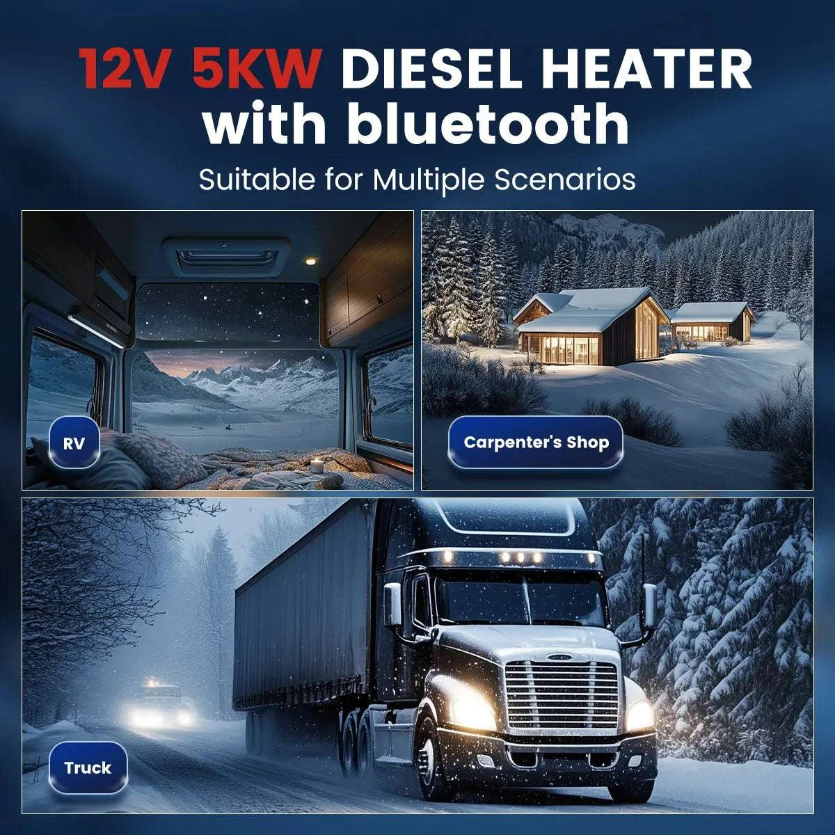 8KW 12V Diesel Air Parking Heater with Remote & LCD Display-Carbon Black with BT / United States