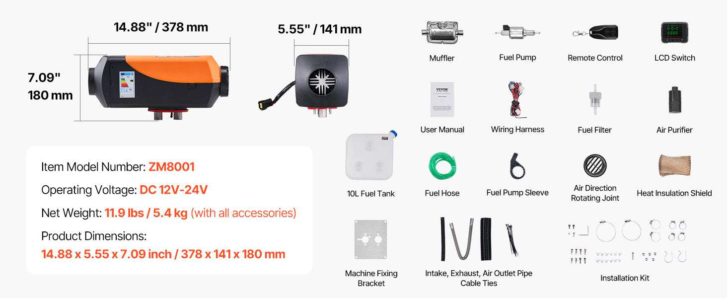 8KW Diesel Air Heater 12-24V with Remote Control for RV & Vehicles-vertical type / United States