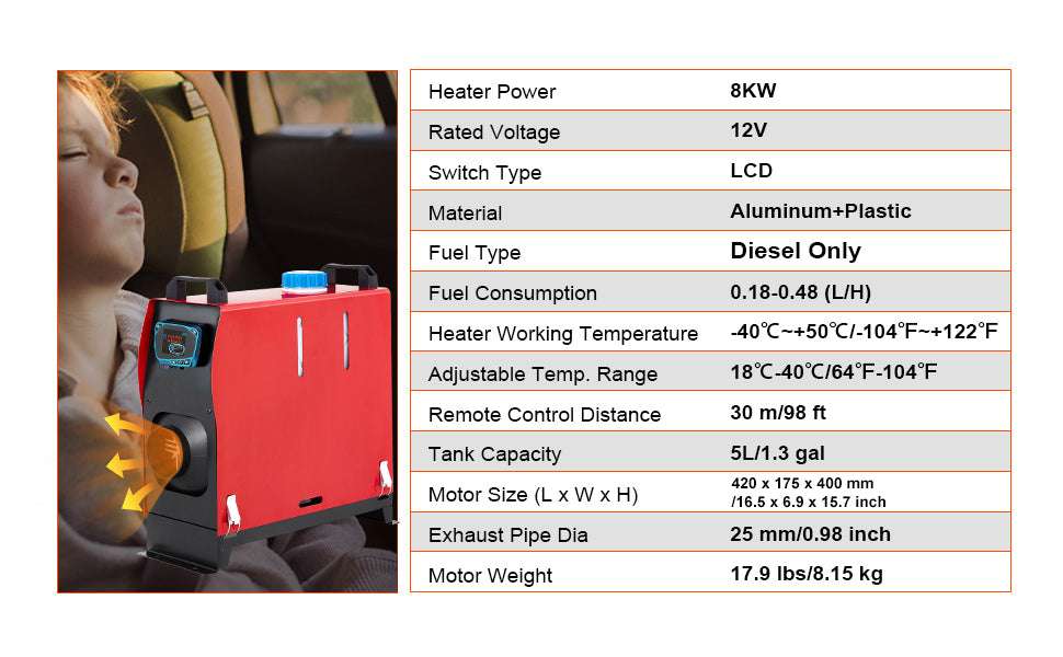 8KW Diesel Air Heater 12V All-in-One for RV, Truck & Van-LCD Switch / france